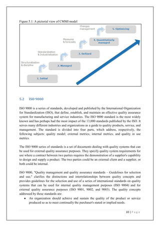 Figure 5.1: A pictorial view of CMMI model

5.2

ISO 9000

ISO 9000 is a series of standards, developed and published by the International Organization
for Standardization (ISO), that define, establish, and maintain an effective quality assurance
system for manufacturing and service industries. The ISO 9000 standard is the most widely
known and has perhaps had the most impact of the 13,000 standards published by the ISO. It
serves many different industries and organizations as a guide to quality products, service, and
management. The standard is divided into four parts, which address, respectively, the
following subjects: quality model; external metrics; internal metrics; and quality in use
metrics.
The ISO 9000 series of standards is a set of documents dealing with quality systems that can
be used for external quality assurance purposes. They specify quality system requirements for
use where a contract between two parties requires the demonstration of a supplier's capability
to design and supply a product. The two parties could be an external client and a supplier, or
both could be internal.
ISO 9000, "Quality management and quality assurance standards – Guidelines for selection
and use," clarifies the distinctions and interrelationships between quality concepts and
provides guidelines for the selection and use of a series of international standards on quality
systems that can be used for internal quality management purposes (ISO 9004) and for
external quality assurance purposes (ISO 9001, 9002, and 9003). The quality concepts
addressed by these standards are:
An organization should achieve and sustain the quality of the product or service
produced so as to meet continually the purchaser's stated or implied needs.
10 | P a g e

 