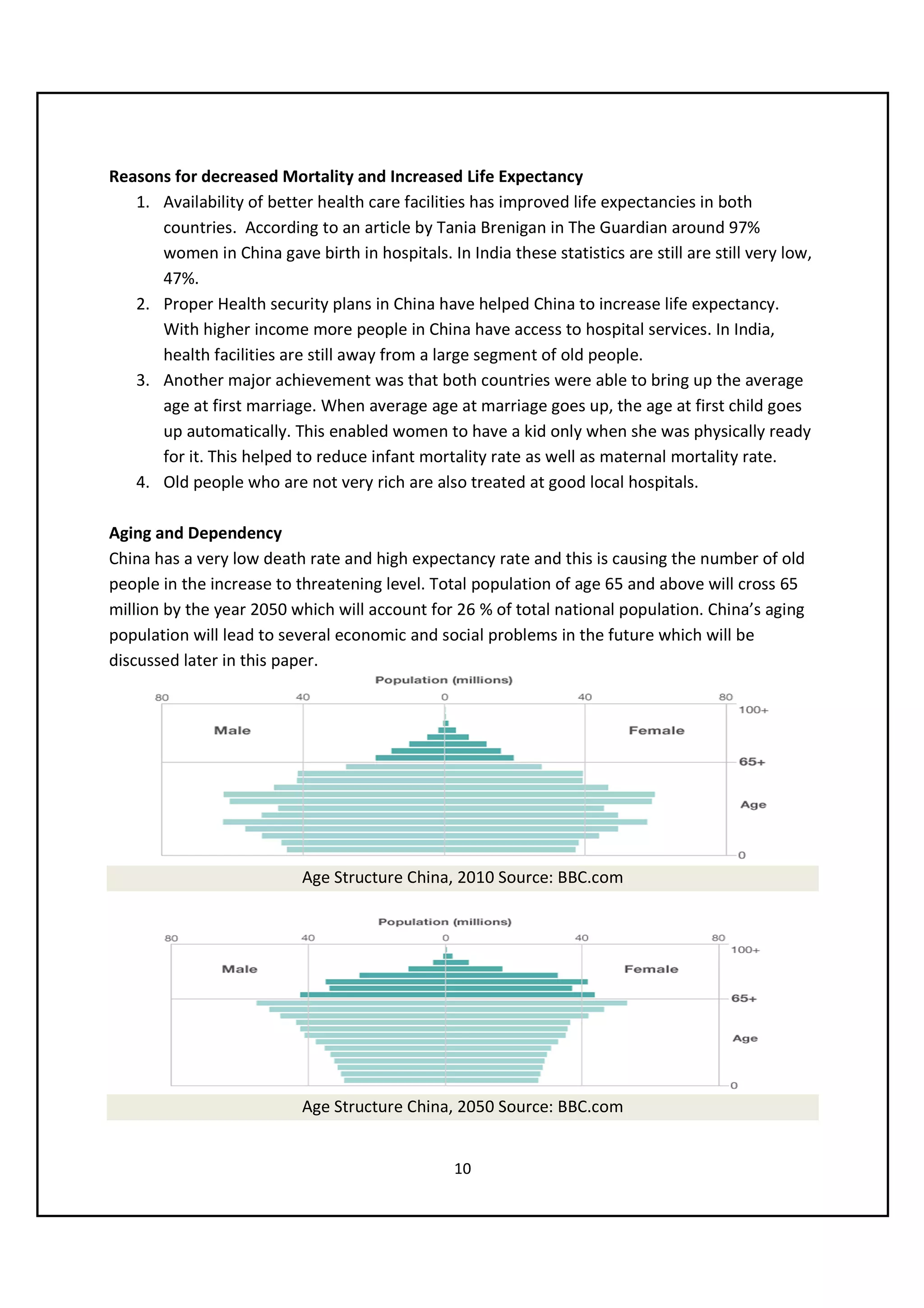 Reasons for decreased Mortality and Increased Life Expectancy
   1. Availability of better health care facilities has improved life expectancies in both
      countries. According to an article by Tania Brenigan in The Guardian around 97%
      women in China gave birth in hospitals. In India these statistics are still are still very low,
      47%.
   2. Proper Health security plans in China have helped China to increase life expectancy.
      With higher income more people in China have access to hospital services. In India,
      health facilities are still away from a large segment of old people.
   3. Another major achievement was that both countries were able to bring up the average
      age at first marriage. When average age at marriage goes up, the age at first child goes
      up automatically. This enabled women to have a kid only when she was physically ready
      for it. This helped to reduce infant mortality rate as well as maternal mortality rate.
   4. Old people who are not very rich are also treated at good local hospitals.

Aging and Dependency
China has a very low death rate and high expectancy rate and this is causing the number of old
people in the increase to threatening level. Total population of age 65 and above will cross 65
million by the year 2050 which will account for 26 % of total national population. China’s aging
population will lead to several economic and social problems in the future which will be
discussed later in this paper.




                           Age Structure China, 2010 Source: BBC.com




                           Age Structure China, 2050 Source: BBC.com


                                                 10
 