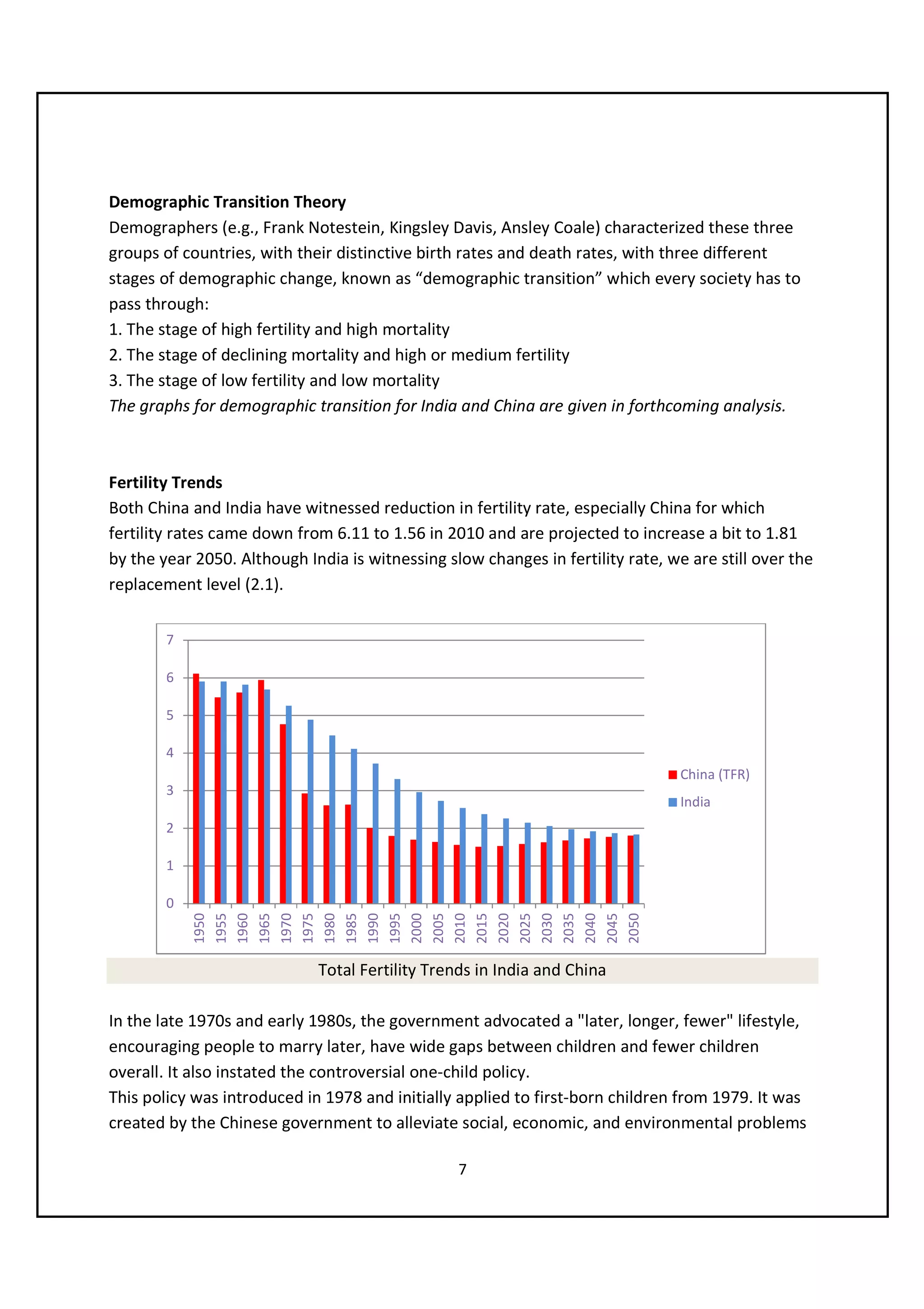 Demographic Transition Theory
Demographers (e.g., Frank Notestein, Kingsley Davis, Ansley Coale) characterized these three
groups of countries, with their distinctive birth rates and death rates, with three different
stages of demographic change, known as “demographic transition” which every society has to
pass through:
1. The stage of high fertility and high mortality
2. The stage of declining mortality and high or medium fertility
3. The stage of low fertility and low mortality
The graphs for demographic transition for India and China are given in forthcoming analysis.



Fertility Trends
Both China and India have witnessed reduction in fertility rate, especially China for which
fertility rates came down from 6.11 to 1.56 in 2010 and are projected to increase a bit to 1.81
by the year 2050. Although India is witnessing slow changes in fertility rate, we are still over the
replacement level (2.1).


        7

        6

        5

        4
                                                                                 China (TFR)
        3
                                                                                 India
        2

        1

        0
            1950
            1955
            1960
            1965
            1970
            1975
            1980
            1985
            1990
            1995
            2000
            2005
            2010
            2015
            2020
            2025
            2030
            2035
            2040
            2045
            2050




                             Total Fertility Trends in India and China

In the late 1970s and early 1980s, the government advocated a "later, longer, fewer" lifestyle,
encouraging people to marry later, have wide gaps between children and fewer children
overall. It also instated the controversial one-child policy.
This policy was introduced in 1978 and initially applied to first-born children from 1979. It was
created by the Chinese government to alleviate social, economic, and environmental problems

                                                 7
 
