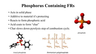 Phosphorus Containing FRs
• Acts in solid phase
• Additive to material it’s protecting
• Reacts to form phosphoric acid
• Acid coats to form “char”
• Char slows down pyrolysis step of combustion cycle.
triaryl phosphate Ammonium polyphosphate
phosphate
 