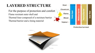 LAYERED STRUCTURE
For the purpose of protection and comfort
Flame resistant outer shell and
Thermal liner composed of a moisture barrier
Thermal barrier and a lining material
 