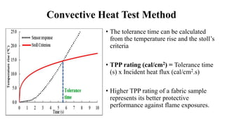 Convective Heat Test Method
• The tolerance time can be calculated
from the temperature rise and the stoll’s
criteria
• TPP rating (cal/cm2) = Tolerance time
(s) x Incident heat flux (cal/cm2.s)
• Higher TPP rating of a fabric sample
represents its better protective
performance against flame exposures.
 