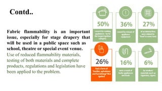 Fabric flammability is an important
issue, especially for stage drapery that
will be used in a public space such as a
school, theatre or special event venue.
Use of reduced flammability materials,
testing of both materials and complete
products, regulations and legislation have
been applied to the problem.
Contd..
 