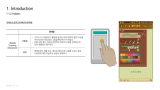 툴바 영역
스케치 영역
1-3. Problem
모바일 드로잉 인터랙션의 문제점
5
1. Introduction
2015-12-17
팔레트 영역
문제점
Mobile
Drawing
Interaction
사용성
- 그리기 도구 팔레트가 활성화 될 때 스케치 영역의 절반 이상을
가리게 되어 작업 중인 그림을 확인하기가 어렵다.
- 또한 작업 중인 그림과 관련하여 색상이나 펜을 선택하는데
있어 효율성이 떨어진다.
감성
- 팔레트에서 색을 섞고, 붓으로 캔버스에 그림을 그리는 실제
드로잉에 대한 아날로그 감성이 부족하다.
 