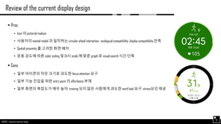 AND562 :: Advanced Interface Design
Review of the current display design
16
 Pros
• Icon 의 pictorial realism
• 사용자의 mental model 과 일치하는 circular wheel interaction : ecological compatibility, display compatibility 만족
• Spatial proximity 를 고려한 화면 배치
• 운동 강도에 따른 color coding 및 24시 scale 에 맞춘 graph 로 visual search 시간 단축
 Cons
• 일부 아이콘의 작은 크기로 과도한 focus attention 요구
• 일부 기능 진입을 위한 entry point 의 affordance 부재
• 일부 화면의 복잡도가 매우 높아, training 되지 않은 사람에게 과도한 work load 요구, stress요인 제공
 