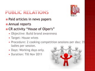  Paidarticles in news papers
 Annual reports
 CR activity “House of Olper's”
    Objective: Build brand awareness
    Target: House wives
    Procedure: 2 cooking competition sessions per day; 35
     ladies per session.
    Days: Working days only.
    Duration: Till Nov 2011
 