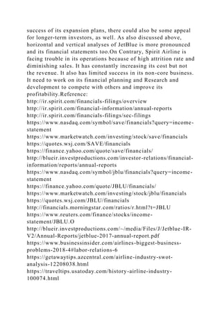 success of its expansion plans, there could also be some appeal
for longer-term investors, as well. As also discussed above,
horizontal and vertical analyses of JetBlue is more pronounced
and its financial statements too.On Contrary, Spirit Airline is
facing trouble in its operations because of high attrition rate and
diminishing sales. It has constantly increasing its cost but not
the revenue. It also has limited success in its non-core business.
It need to work on its financial planning and Research and
development to compete with others and improve its
profitability.Reference:
http://ir.spirit.com/financials-filings/overview
http://ir.spirit.com/financial-information/annual-reports
http://ir.spirit.com/financials-filings/sec-filings
https://www.nasdaq.com/symbol/save/financials?query=income-
statement
https://www.marketwatch.com/investing/stock/save/financials
https://quotes.wsj.com/SAVE/financials
https://finance.yahoo.com/quote/save/financials/
http://blueir.investproductions.com/investor-relations/financial-
information/reports/annual-reports
https://www.nasdaq.com/symbol/jblu/financials?query=income-
statement
https://finance.yahoo.com/quote/JBLU/financials/
https://www.marketwatch.com/investing/stock/jblu/financials
https://quotes.wsj.com/JBLU/financials
http://financials.morningstar.com/ratios/r.html?t=JBLU
https://www.reuters.com/finance/stocks/income-
statement/JBLU.O
http://blueir.investproductions.com/~/media/Files/J/Jetblue-IR-
V2/Annual-Reports/jetblue-2017-annual-report.pdf
https://www.businessinsider.com/airlines-biggest-business-
problems-2018-4#labor-relations-6
https://getawaytips.azcentral.com/airline-industry-swot-
analysis-12208038.html
https://traveltips.usatoday.com/history-airline-industry-
100074.html
 
