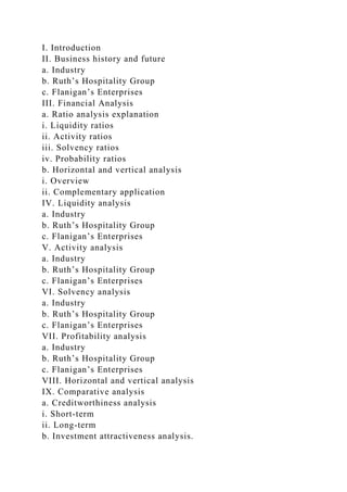 I. Introduction
II. Business history and future
a. Industry
b. Ruth’s Hospitality Group
c. Flanigan’s Enterprises
III. Financial Analysis
a. Ratio analysis explanation
i. Liquidity ratios
ii. Activity ratios
iii. Solvency ratios
iv. Probability ratios
b. Horizontal and vertical analysis
i. Overview
ii. Complementary application
IV. Liquidity analysis
a. Industry
b. Ruth’s Hospitality Group
c. Flanigan’s Enterprises
V. Activity analysis
a. Industry
b. Ruth’s Hospitality Group
c. Flanigan’s Enterprises
VI. Solvency analysis
a. Industry
b. Ruth’s Hospitality Group
c. Flanigan’s Enterprises
VII. Profitability analysis
a. Industry
b. Ruth’s Hospitality Group
c. Flanigan’s Enterprises
VIII. Horizontal and vertical analysis
IX. Comparative analysis
a. Creditworthiness analysis
i. Short-term
ii. Long-term
b. Investment attractiveness analysis.
 
