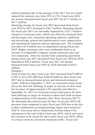 million primarily due to the passage of the 2017 Tax Act which
reduced the statutory rate from 35% to 21%. Fiscal year 2018
net income increased from fiscal year 2017 by $11.5 million to
$41.7 million.
Operating income for fiscal year 2017 decreased from fiscal
year 2016 by $877 thousand to $46.7 million. Operating income
for fiscal year 2017 was favorably impacted by a $27.3 million
increase in restaurant sales, which was offset by increased food
and beverage costs, restaurant operating expenses, marketing
and advertising, general and administrative costs, depreciation
and amortization expenses and pre-opening costs. The Company
also had a $3.9 million loss on impairment during fiscal year
2017. Higher restaurant sales were attributable both to an
increase in comparable Company-owned restaurant sales and
new restaurants. After-tax income from continuing operations
during fiscal year 2017 decreased from fiscal year 2016 by $510
thousand to $30.2 million. Fiscal year 2017 net income
decreased from fiscal year 2016 by $328 thousand to $30.1
million.
Flanigan’s
Total revenue for their fiscal year 2018 increased $6,675,000 or
6.25% to $113,497,000 from $106,822,000 for their fiscal year
2017 due to increased menu prices and increased restaurant
traffic. Effective September 3, 2017 we increased certain menu
prices for their bar offerings to target an increase to their total
bar revenues of approximately 4.9% annually and effective
September 16, 2017 we increased certain menu prices for their
food offerings to target an increase to their total food revenues
of approximately 4.0% annually, (the “Price Increases 2017”).
We anticipate that total revenue for their fiscal year 2019 will
decrease when compared to their fiscal year 2018 due to the fire
at their combination restaurant/package liquor store located at
2505 N. University Drive, Hollywood, Florida (Store #19),
subsequent to the end of their fiscal year 2018, which will cause
this location to be closed for their entire fiscal year 2019, offset
to a lesser extent by increased restaurant traffic. Fiscal year
 