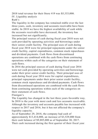 2018 total revenue for their Store #19 was $5,333,000.
IV. Liquidity analysis
Ruth’s
The liquidity in the company has remained stable over the last
three years, cash, inventory and accounts receivable have been
stable. In 2018 we have the highest availability of cash while
the accounts receivable have decreased, the inventory has
increased but not significantly.
The principal sources of cash during fiscal year 2018 were net
cash provided by operating activities and borrowings under
their senior credit facility. The principal uses of cash during
fiscal year 2018 were for principal repayments under the senior
credit facility, capital expenditures, common stock repurchases
and dividend payments. Cash flows from discontinued
operations are combined with the cash flows from continuing
operations within each of the categories on their statement of
cash flows.
In 2016 the principal sources of cash during fiscal year 2016
were net cash provided by operating activities and borrowings
under their prior senior credit facility. Their principal uses of
cash during fiscal year 2016 were for capital expenditures,
principal repayments under their prior senior credit facility,
common stock repurchases and dividend payments. Cash flows
from discontinued operations are combined with the cash flows
from continuing operations within each of the categories on
their statement of cash flows.
Flanigan’s
The Liquidity has changed in the last three years favorable way.
In 2018 is the year with more cash and less accounts receivable.
Although the inventory and accounts payable has increased with
respect to 2017 and 2016, but it has not affected the company's
liquidity capacity.
As of September 29, 2018, the company had cash of
approximately $13,414,000, an increase of $3,529,000 from
their cash balance of $9,885,000 as of September 30, 2017.
Their cash increased during the first quarter of their fiscal year
 