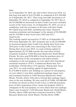 Debt
As of September 29, 2018, the end of their fiscal year 2018, we
had long term debt of $14,576,000, as compared to $12,398,000
as of September 30, 2017. Their long term debt increased as of
September 29, 2018 as compared to September 30, 2017 due to
the $3,500,000 we borrowed on their Credit Line (now included
as part of the Term Loan). As of September 29, 2018, we are in
compliance with the covenants of all loans with their lender.
We repaid long term debt, including auto loans, financed
insurance premiums and mortgages in the amount of $2,500,000
and $1,793,000 in their fiscal years 2018 and 2017,
respectively.
The working capital increased by 57.48% as of September 29,
2018 from September 30, 2017 primarily due to the $3,500,000
we borrowed against their Credit Line during their fiscal year
2018 prior to the Credit Line converting to the Term Loan.
During their fiscal year 2018, we used working capital of
approximately $2,157,000 towards the renovation of their
restaurant located at 13205 Biscayne Boulevard, North Miami,
Florida. We also used $550,000 to fund the purchase price of
their acquisition of the real property and improvements
contiguous to the real property we own where their franchised
restaurant located at 1479 E. Commercial Boulevard, Fort
Lauderdale, Florida (Store #15) operates. During their fiscal
year 2017, we used working capital of approximately
$1,272,000 to build a new building on a parcel of real property
we own which is near their combination package liquor store
and restaurant located at 13205 Biscayne Boulevard, North
Miami, Florida, (Store #20) and re-located their package liquor
store to the new building. We also used $2,475,000, ($2,000,000
of which was drawn on their Credit Line), to fund the purchase
price of their acquisition of the vacant real property which is
contiguous to the real property we own where their new package
liquor store located at 13185 Biscayne Boulevard, North Miami,
Florida, (Store #20P) and their restaurant located at 13205
Biscayne Boulevard, North Miami, Florida (Store #20R)
 