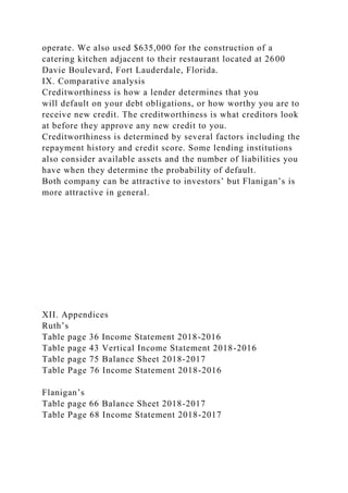 operate. We also used $635,000 for the construction of a
catering kitchen adjacent to their restaurant located at 2600
Davie Boulevard, Fort Lauderdale, Florida.
IX. Comparative analysis
Creditworthiness is how a lender determines that you
will default on your debt obligations, or how worthy you are to
receive new credit. The creditworthiness is what creditors look
at before they approve any new credit to you.
Creditworthiness is determined by several factors including the
repayment history and credit score. Some lending institutions
also consider available assets and the number of liabilities you
have when they determine the probability of default.
Both company can be attractive to investors’ but Flanigan’s is
more attractive in general.
XII. Appendices
Ruth’s
Table page 36 Income Statement 2018-2016
Table page 43 Vertical Income Statement 2018-2016
Table page 75 Balance Sheet 2018-2017
Table Page 76 Income Statement 2018-2016
Flanigan’s
Table page 66 Balance Sheet 2018-2017
Table Page 68 Income Statement 2018-2017
 