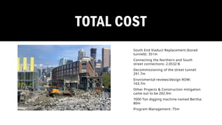 South End Viaduct Replacement (bored
tunnel)t: 351m
Connecting the Northern and South
street connections: 2.0532 B
Decommissioning of the street tunnel:
291.7m
Enviromental reviews/design ROW:
163.7m
Other Projects & Construction mitigation
came out to be 202.9m
7000 Ton digging machine named Bertha:
80m
Program Management: 75m
TOTAL COST
 