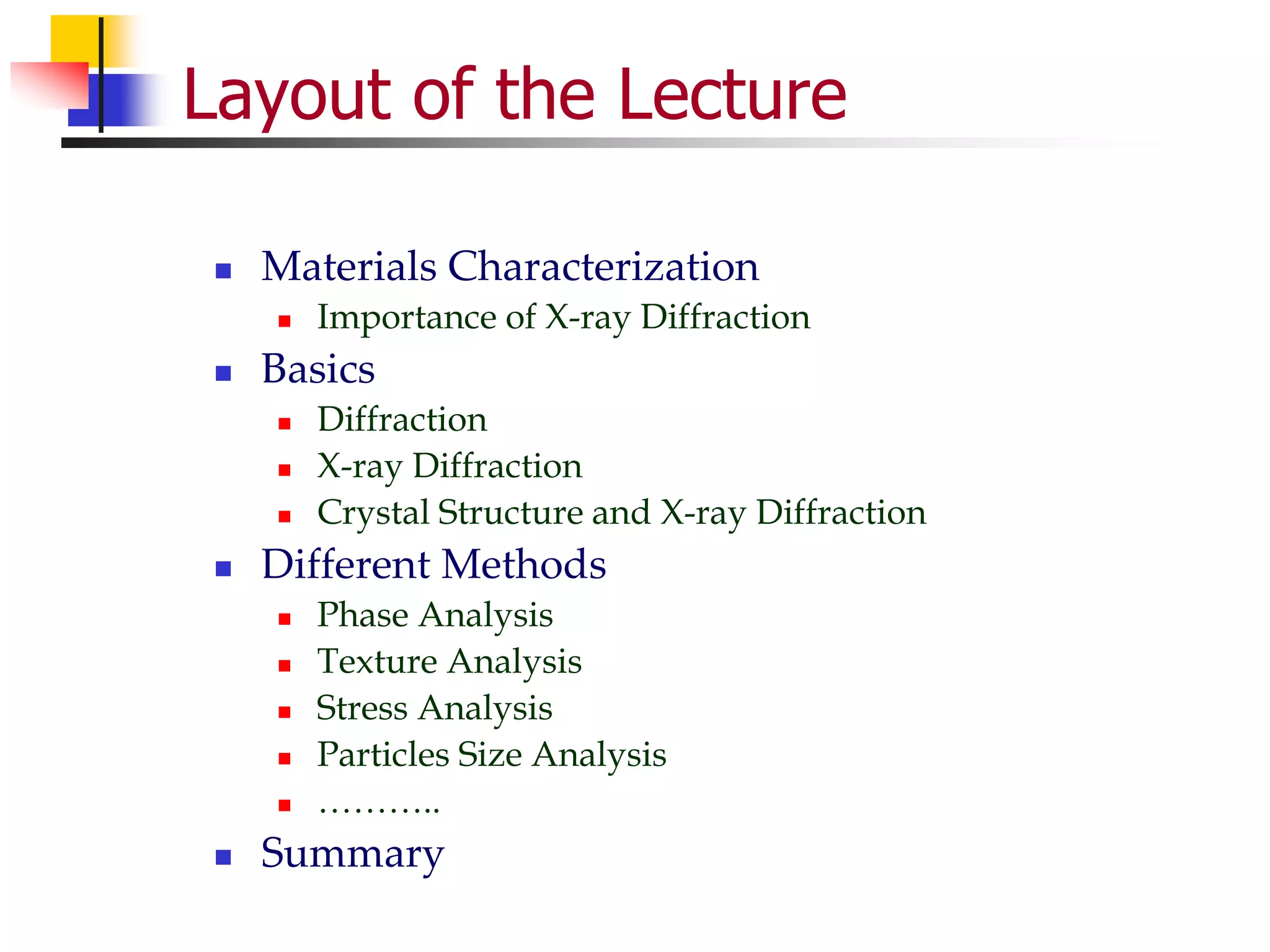Layout of the Lecture
 Materials Characterization
 Importance of X-ray Diffraction
 Basics
 Diffraction
 X-ray Diffraction
 Crystal Structure and X-ray Diffraction
 Different Methods
 Phase Analysis
 Texture Analysis
 Stress Analysis
 Particles Size Analysis
 ………..
 Summary
 