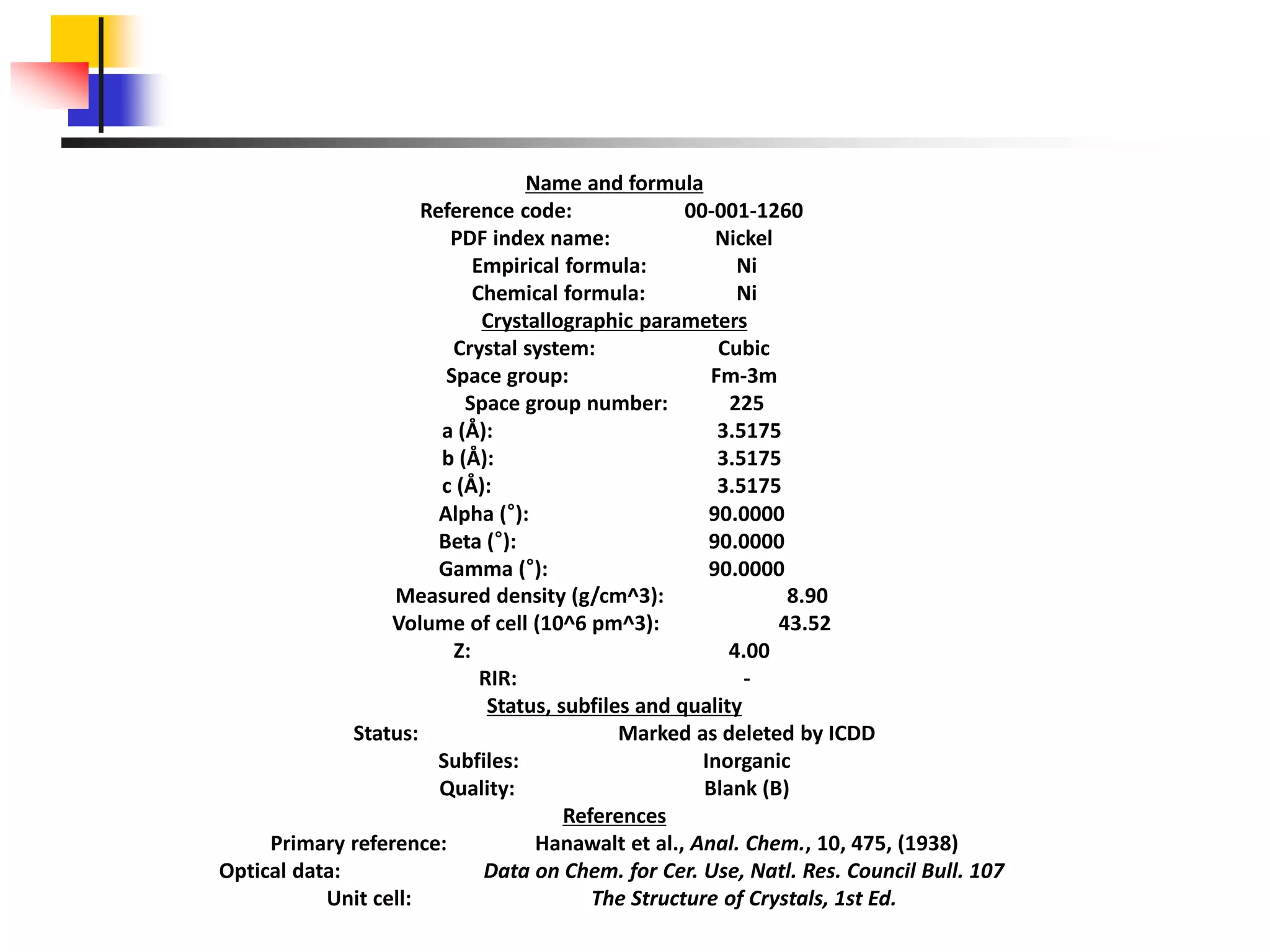 Name and formula
Reference code: 00-001-1260
PDF index name: Nickel
Empirical formula: Ni
Chemical formula: Ni
Crystallographic parameters
Crystal system: Cubic
Space group: Fm-3m
Space group number: 225
a (Å): 3.5175
b (Å): 3.5175
c (Å): 3.5175
Alpha (°): 90.0000
Beta (°): 90.0000
Gamma (°): 90.0000
Measured density (g/cm^3): 8.90
Volume of cell (10^6 pm^3): 43.52
Z: 4.00
RIR: -
Status, subfiles and quality
Status: Marked as deleted by ICDD
Subfiles: Inorganic
Quality: Blank (B)
References
Primary reference: Hanawalt et al., Anal. Chem., 10, 475, (1938)
Optical data: Data on Chem. for Cer. Use, Natl. Res. Council Bull. 107
Unit cell: The Structure of Crystals, 1st Ed.
 