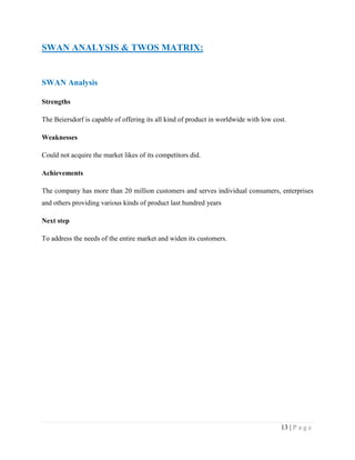 SWAN ANALYSIS & TWOS MATRIX:

SWAN Analysis
Strengths
The Beiersdorf is capable of offering its all kind of product in worldwide with low cost.
Weaknesses
Could not acquire the market likes of its competitors did.
Achievements
The company has more than 20 million customers and serves individual consumers, enterprises
and others providing various kinds of product last hundred years
Next step
To address the needs of the entire market and widen its customers.

13 | P a g e

 