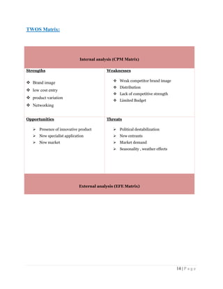 TWOS Matrix:

Internal analysis (CPM Matrix)
Strengths

Weaknesses
 Weak competitor brand image

 Brand image

 Distribution

 low cost entry

 Lack of competitive strength

 product variation

 Limited Budget

 Networking
Opportunities

Threats

 Presence of innovative product

 Political destabilization

 New specialist application

 New entrants

 New market

 Market demand
 Seasonality , weather effects

External analysis (EFE Matrix)

14 | P a g e

 