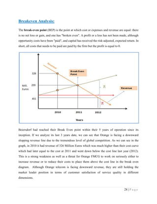 Breakeven Analysis:
The break-even point (BEP) is the point at which cost or expenses and revenue are equal: there
is no net loss or gain, and one has "broken even". A profit or a loss has not been made, although
opportunity costs have been "paid", and capital has received the risk-adjusted, expected return. In
short, all costs that needs to be paid are paid by the firm but the profit is equal to 0.

Beiersdorf had reached their Break Even point within their 5 years of operation since its
inception. If we analyze its last 3 years date, we can see that Orange is facing a downward
slopping revenue line due to the tremendous level of global competition. As we can see in the
graph, in 2010 it had revenue of 326 Million Euros which was much higher than their cost curve
which had later equal to the cost at 2011 and went down below the cost line last year (2012).
This is a strong weakness as well as a threat for Orange FMCG to work on seriously either to
increase revenue or to reduce their costs to place them above the cost line in the break even
diagram. Although Orange telecom is facing downward revenue, they are still holding the
market leader position in terms of customer satisfaction of service quality in different
dimensions.

28 | P a g e

 