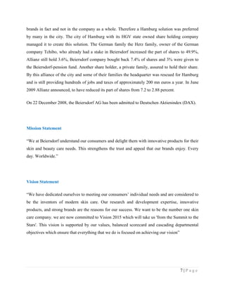 brands in fact and not in the company as a whole. Therefore a Hamburg solution was preferred
by many in the city. The city of Hamburg with its HGV state owned share holding company
managed it to create this solution. The German family the Herz family, owner of the German
company Tchibo, who already had a stake in Beiersdorf increased the part of shares to 49.9%,
Allianz still hold 3.6%, Beiersdorf company bought back 7.4% of shares and 3% were given to
the Beiersdorf-pension fund. Another share holder, a private family, assured to hold their share.
By this alliance of the city and some of their families the headquarter was rescued for Hamburg
and is still providing hundreds of jobs and taxes of approximately 200 mn euros a year. In June
2009 Allianz announced, to have reduced its part of shares from 7.2 to 2.88 percent.
On 22 December 2008, the Beiersdorf AG has been admitted to Deutschen Aktienindex (DAX).

Mission Statement
“We at Beiersdorf understand our consumers and delight them with innovative products for their
skin and beauty care needs. This strengthens the trust and appeal that our brands enjoy. Every
day. Worldwide.”

Vision Statement
“We have dedicated ourselves to meeting our consumers‟ individual needs and are considered to
be the inventors of modern skin care. Our research and development expertise, innovative
products, and strong brands are the reasons for our success. We want to be the number one skin
care company. we are now committed to Vision 2015 which will take us 'from the Summit to the
Stars'. This vision is supported by our values, balanced scorecard and cascading departmental
objectives which ensure that everything that we do is focused on achieving our vision”

7|Page

 