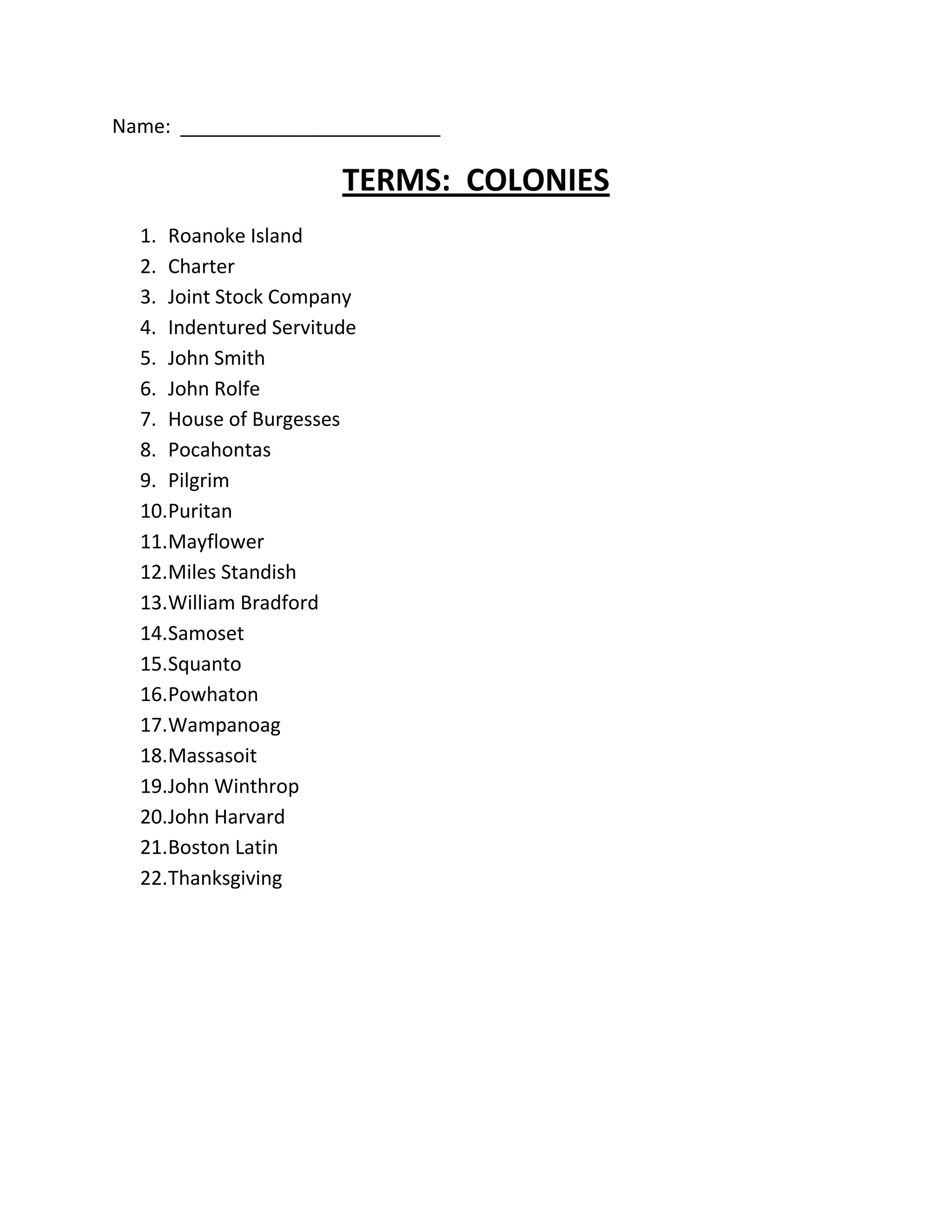 Name: ________________________<br />TERMS: COLONIES<br />Roanoke Island