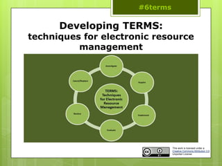 Developing TERMS:
techniques for electronic resource
management
#6terms
This work is licensed under a
Creative Commons Attribution 3.0
Unported License
 