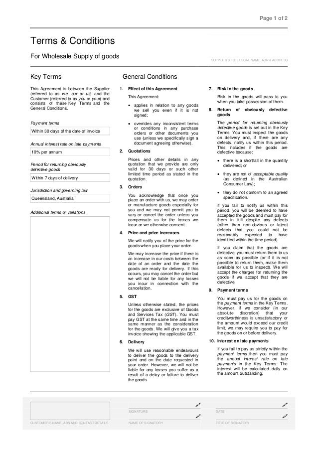 terms conditions for wholesale supply of goods template basic terms and conditions template