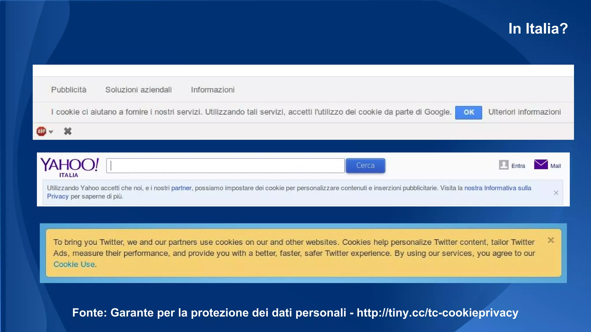 In Italia?
Fonte: Garante per la protezione dei dati personali - http://tiny.cc/tc-cookieprivacy