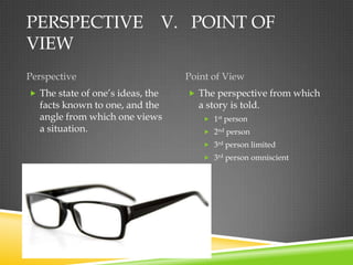 PERSPECTIVE V. POINT OF
VIEW
Perspective                       Point of View
 The state of one’s ideas, the    The perspective from which
  facts known to one, and the       a story is told.
  angle from which one views          1st person
  a situation.                        2nd person
                                      3rd person limited
                                      3rd person omniscient
 