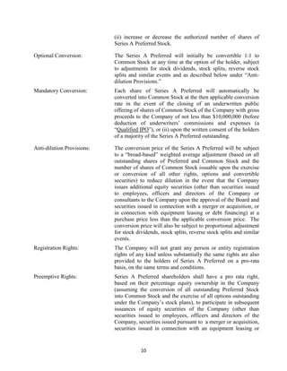 10
(ii) increase or decrease the authorized number of shares of
Series A Preferred Stock.
Optional Conversion: The Series A Preferred will initially be convertible 1:1 to
Common Stock at any time at the option of the holder, subject
to adjustments for stock dividends, stock splits, reverse stock
splits and similar events and  as  described  below  under  “Anti-
dilution  Provisions.”
Mandatory Conversion: Each share of Series A Preferred will automatically be
converted into Common Stock at the then applicable conversion
rate in the event of the closing of an underwritten public
offering of shares of Common Stock of the Company with gross
proceeds to the Company of not less than $10,000,000 (before
deduction   of   underwriters’   commissions   and   expenses   (a
“Qualified IPO”),  or  (ii) upon the written consent of the holders
of a majority of the Series A Preferred outstanding.
Anti-dilution Provisions: The conversion price of the Series A Preferred will be subject
to  a  “broad-based”  weighted  average  adjustment  (based  on  all  
outstanding shares of Preferred and Common Stock and the
number of shares of Common Stock issuable upon the exercise
or conversion of all other rights, options and convertible
securities) to reduce dilution in the event that the Company
issues additional equity securities (other than securities issued
to employees, officers and directors of the Company or
consultants to the Company upon the approval of the Board and
securities issued in connection with a merger or acquisition, or
in connection with equipment leasing or debt financing) at a
purchase price less than the applicable conversion price. The
conversion price will also be subject to proportional adjustment
for stock dividends, stock splits, reverse stock splits and similar
events.
Registration Rights: The Company will not grant any person or entity registration
rights of any kind unless substantially the same rights are also
provided to the holders of Series A Preferred on a pro-rata
basis, on the same terms and conditions.
Preemptive Rights: Series A Preferred shareholders shall have a pro rata right,
based on their percentage equity ownership in the Company
(assuming the conversion of all outstanding Preferred Stock
into Common Stock and the exercise of all options outstanding
under  the  Company’s  stock  plans),  to  participate in subsequent
issuances of equity securities of the Company (other than
securities issued to employees, officers and directors of the
Company, securities issued pursuant to a merger or acquisition,
securities issued in connection with an equipment leasing or
 
