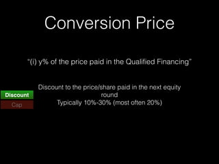 Conversion Price
Discount to the price/share paid in the next equity
round
Typically 10%-30% (most often 20%)
Discount
Cap
“(i) y% of the price paid in the Qualiﬁed Financing”
 