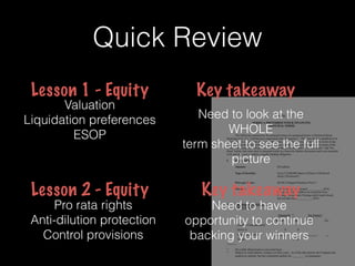 Quick Review
Lesson 1 - Equity
Valuation
Liquidation preferences
ESOP
Key takeaway
Need to look at the
WHOLE
term sheet to see the full
picture
Lesson 2 - Equity
Pro rata rights
Anti-dilution protection
Control provisions
Key takeaway
Need to have
opportunity to continue
backing your winners
 