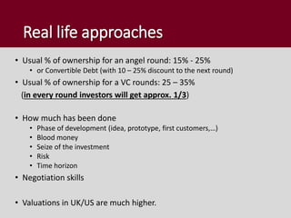 Real life approaches
• Usual % of ownership for an angel round: 15% - 25%
• or Convertible Debt (with 10 – 25% discount to the next round)
• Usual % of ownership for a VC rounds: 25 – 35%
(in every round investors will get approx. 1/3)
• How much has been done
• Phase of development (idea, prototype, first customers,…)
• Blood money
• Seize of the investment
• Risk
• Time horizon
• Negotiation skills
• Valuations in UK/US are much higher.
 
