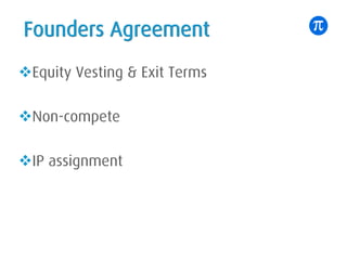 Founders Agreement
vEquity Vesting & Exit Terms
vNon-compete
vIP assignment
 