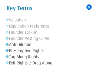 Key Terms
vValuation
vLiquidation Preference
vFounder Lock-in
vFounder Vesting Curve
vAnti Dilution
vPre-emptive Rights
vTag Along Rights
vExit Rights / Drag Along
 