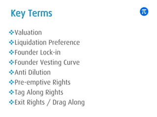 Key Terms
vValuation
vLiquidation Preference
vFounder Lock-in
vFounder Vesting Curve
vAnti Dilution
vPre-emptive Rights
vTag Along Rights
vExit Rights / Drag Along
 