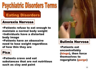 10
Eating DisordersEating Disorders
Anorexia NervosaAnorexia Nervosa
•Patients refuse to eat enough to
maintain a normal body weight
•Individuals have a distorted
body image
•Patients have an obsessive
need to lose weight regardless
of how thin they are
Bulimia NervosaBulimia Nervosa
•Patients eat
uncontrollably
(binge), then force
themselves to
regurgitate (purge)
PicaPica
•Patients crave and eat
substances that are not nutritious
such as clay and paint
 