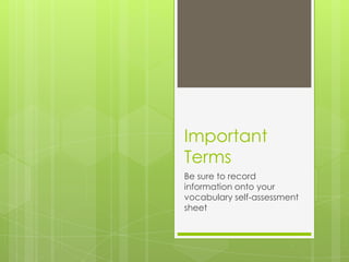 Important
Terms
Be sure to record
information onto your
vocabulary self-assessment
sheet
 
