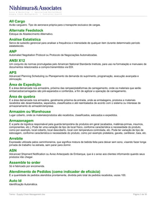 Nishimura&Associates
Sales & Marketing | Specialized Recruitment
Supply Chain Management |  Executive Search




All Cargo
Avião cargueiro. Tipo de aeronave própria para o transporte exclusivo de cargas.

Alternate Feedstock
Estoque de Abastecimento Alternativo.

Análise Estatística
Serve de subsídio gerencial para analisar a frequência e intensidade de qualquer item durante determinado período
estabelecido.

ANP
Automated Negotiation Protocol ou Protocolo de Negociações Automatizadas.

ANSI X12
Um conjunto de normas promulgadas pelo American National Standards Institute, para uso na formatação e manuseio de
documentos relacionados a compra transmitidos via EDI.

APS
Advanced Planning Scheduling ou Planejamento da demanda do suprimento, programação, execução avançada e
otimização.

Área de Expedição
É a área demarcada nos armazéns, próxima das rampas/plataformas de carregamento, onde os materiais que serão
embarcados/carregados são pré-separados e conferidos, a fim de agilizar a operação de carregamento.

Área de quebra
É a área demarcada nos armazéns, geralmente próxima da entrada, onde as embalagens, produtos e materiais
recebidos são desembalados, separados, classificados e até reembalados de acordo com o sistema ou interesse de
armazenamento do armazém/empresa.

Armazém ou Warehouse
Lugar coberto, onde os materiais/produtos são recebidos, classificados, estocados e expedidos.

Armazenagem
É a parte da logística responsável pela guarda temporária de produtos em geral (acabados, matérias-primas, insumos,
componentes, etc.). Pode ter uma variação de tipo de local físico, conforme característica e necessidade do produto,
como por exemplo, local coberto, local descoberto, local com temperatura controlada, etc. Pode ter variação de tipo de
estocagem, conforme característica e necessidade do produto, como por exemplo prateleira, gaveta, cantilever, baia, etc.

Arrebite
Expressão utilizada pelos caminhoneiros, que significa mistura de bebida feita para deixar sem sono, visando fazer longa
jornada de trabalho na estrada, sem parar para dormir.

ASN
Advanced Shipment Notification ou Aviso Antecipado de Embarque, que é o aviso aos clientes informando quando seus
produtos irão chegar.

Assemble to order
Só é fabricado por encomenda.

Atendimento de Pedidos (como indicador de eficácia)
É a quantidade de pedidos atendidos prontamente, dividida pelo total de pedidos recebidos, vezes 100.

Auto Id
Identificação Automática.


Terms - Supply Chain Management.doc                                                                         Página 3 de 35
 