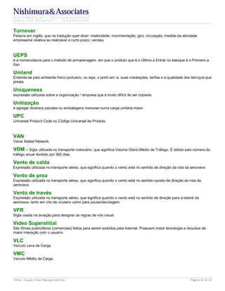 Nishimura&Associates
Sales & Marketing | Specialized Recruitment
Supply Chain Management |  Executive Search




Turnover
Palavra em inglês, que na tradução quer dizer: rotatividade; movimentação; giro; circulação; medida da atividade
empresarial relativa ao realizável a curto prazo; vendas.



UEPS
é a nomenclatura para o método de armazenagem, em que o produto que é o Último a Entrar no estoque é o Primeiro a
Sair.

Umland
Entende-se pelo ambiente físico portuário, ou seja, o porto em si, suas instalações, tarifas e a qualidade dos serviços que
presta.

Uniqueness
expressão utilizada sobre a organização / empresa que é muito difícil de ser copiada.

Unitização
é agregar diversos pacotes ou embalagens menores numa carga unitária maior.

UPC
Universal Product Code ou Código Universal de Produto.



VAN
Value Added Network.

VDM – Sigla utilizada no transporte rodoviário, que significa Volume Diário Médio de Tráfego. É obtido pelo número do
tráfego anual dividido por 365 dias.

Vento de calda
Expressão utilizada no transporte aéreo, que significa quando o vento está no sentido de direção da rota da aeronave.

Vento de proa
Expressão utilizada no transporte aéreo, que significa quando o vento está no sentido oposto de direção da rota da
aeronave.

Vento de través
Expressão utilizada no transporte aéreo, que significa quando o vento está no sentido de direção para a lateral da
aeronave, tanto em vôo de cruzeiro como para pouso/decolagem.

VFR
Sigla usada na aviação para designar as regras de vôo visual.

Vídeo Superstitial
São filmes publicitários (comerciais) feitos para serem exibidos pela Internet. Possuem maior tecnologia e recursos de
maior interação com o usuário.

VLC
Veículo Leve de Carga.

VMC
Veículo Médio de Carga.




Terms - Supply Chain Management.doc                                                                          Página 33 de 35
 