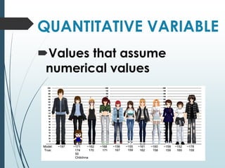 QUANTITATIVE VARIABLE
Values that assume
numerical values