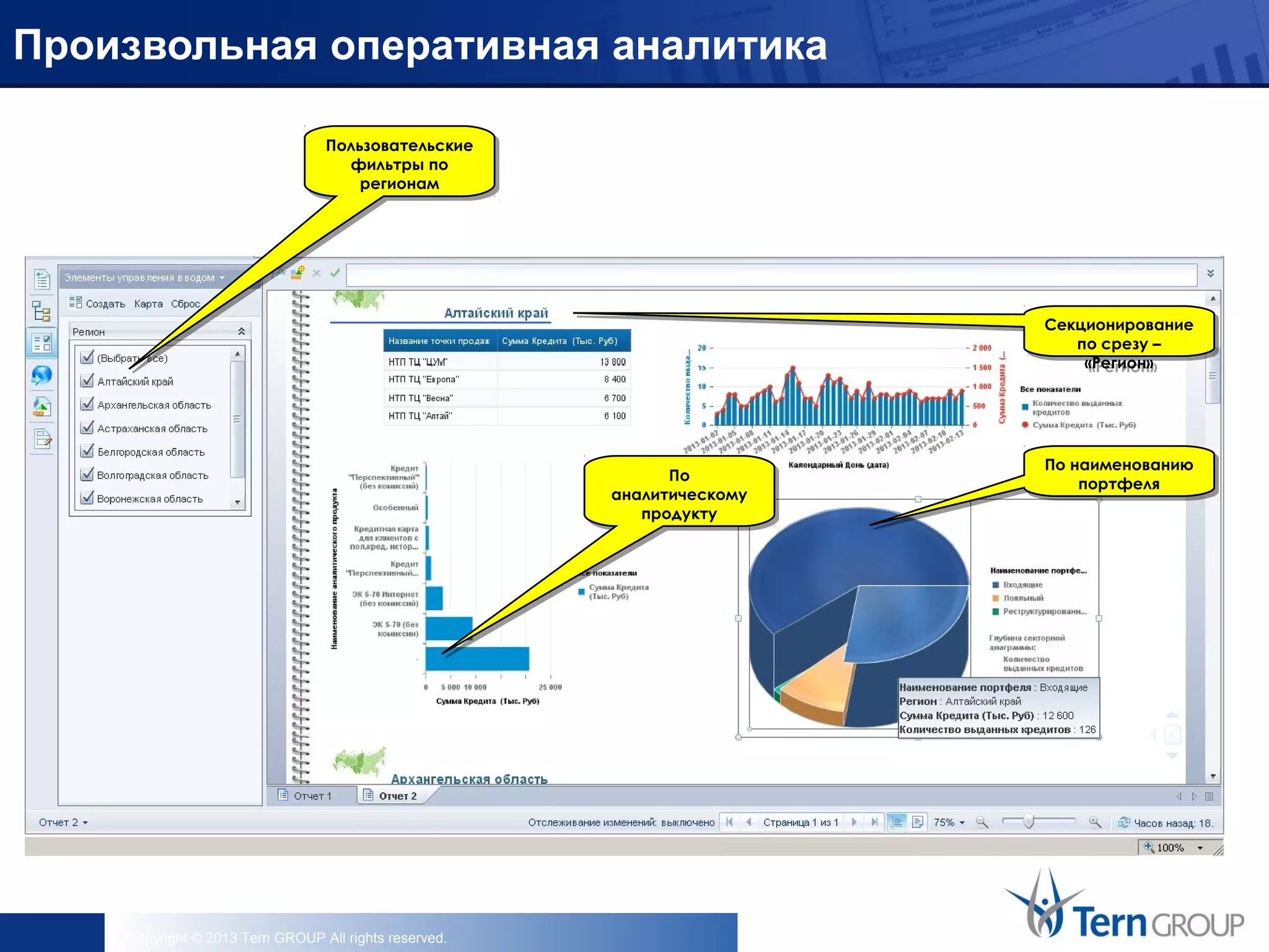 Copyright © 2013 Tern GROUP All rights reserved.
Секционирование
по срезу –
«Регион»
Секционирование
по срезу –
«Регион»
По наименованию
портфеля
По наименованию
портфеляПо
аналитическому
продукту
По
аналитическому
продукту
Произвольная оперативная аналитика
Пользовательские
фильтры по
регионам
Пользовательские
фильтры по
регионам
 