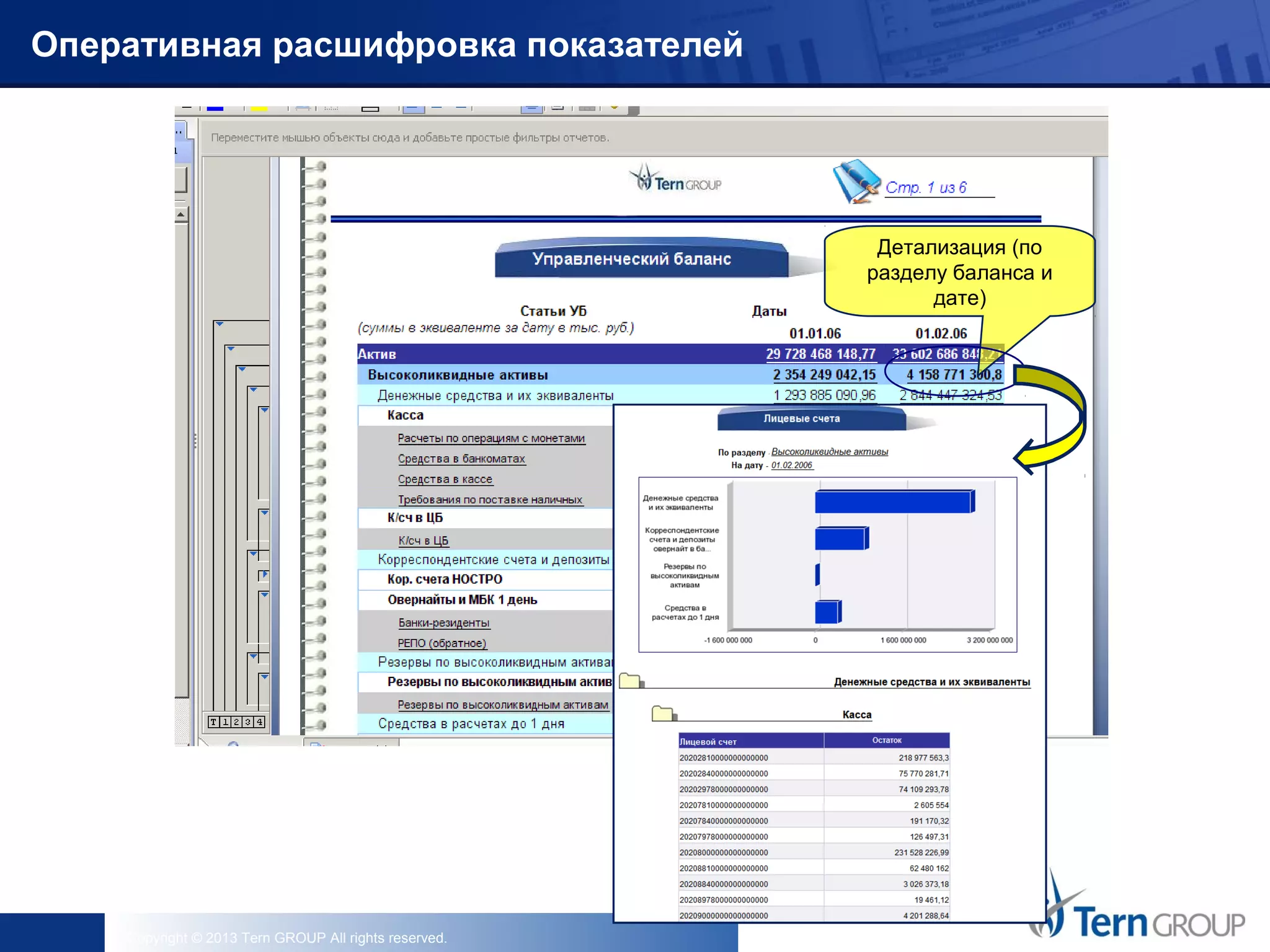 Copyright © 2013 Tern GROUP All rights reserved.
Оперативная расшифровка показателей
Детализация (по
разделу баланса и
дате)
 