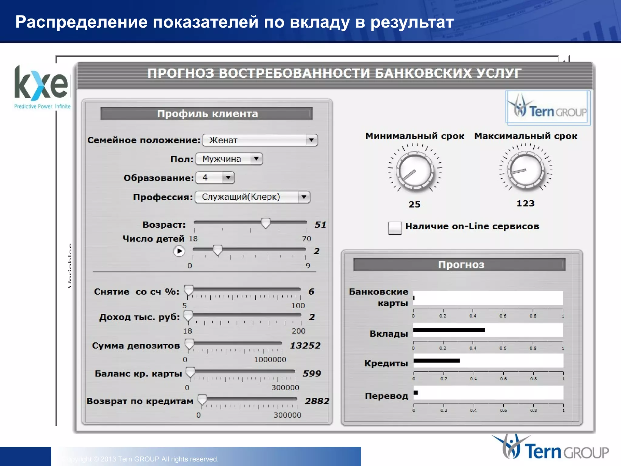 Copyright © 2013 Tern GROUP All rights reserved.
Распределение показателей по вкладу в результат
 