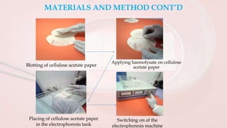 MATERIALS AND METHOD CONT’D
Blotting of cellulose acetate paper
Applying haemolysate on cellulose
acetate paper
Placing of cellulose acetate paper
in the electrophoresis tank
Switching on of the
electrophoresis machine
 