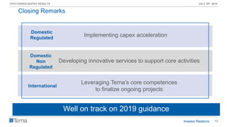 19
1H19 CONSOLIDATED RESULTS JULY 30th 2019
Well on track on 2019 guidance
Domestic
Regulated
Closing Remarks
Domestic
Non
Regulated
International
Implementing capex acceleration
Leveraging Terna’s core competences
to finalize ongoing projects
Developing innovative services to support core activities
 