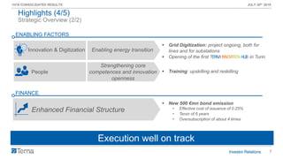 7
1H19 CONSOLIDATED RESULTS JULY 30th 2019
Innovation & Digitization
People
Strengthening core
competences and innovation
openness
Strategic Overview (2/2)
Highlights (4/5)
Execution well on track
Enabling energy transition
▪ Grid Digitization: project ongoing, both for
lines and for substations
▪ Opening of the first in Turin
▪ Training: upskilling and reskilling
Enhanced Financial Structure
▪ New 500 €mn bond emission
• Effective cost of issuance of 0.25%
• Tenor of 6 years
• Oversubscription of about 4 times
ENABLING FACTORS
FINANCE
 
