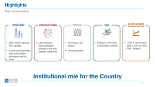 Highlights
4
Main achievements
Institutional role for the Country
STRATEGY ESG
SHAREHOLDERS
REMUNERATION
▪ 19.29 € cents/share,
paid in June as 2021
Final Dividend
▪ Inclusion in the main
sustainability indexes
▪ 2021-2025 Industrial
Plan Update
▪ Construction activities
and authorization
processes well on
track
▪ Latin America
deconsolidation
process in line with
planned milestones
INTERNATIONAL PEOPLE
▪ Tyrrhenian Lab
project
▪ Terna Academy
 