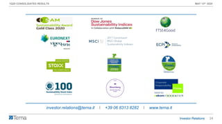 24
1Q20 CONSOLIDATED RESULTS MAY 13th 2020
investor.relations@terna.it I +39 06 8313 8282 I www.terna.it
 