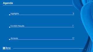 7
Annexes 17
1Q 2022 Results
3
Highlights
Agenda
2
 