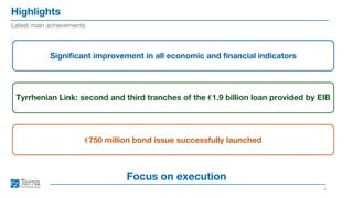 Highlights
4
Latest main achievements
Focus on execution
Significant improvement in all economic and financial indicators
Tyrrhenian Link: second and third tranches of the €1.9 billion loan provided by EIB
€750 million bond issue successfully launched
 